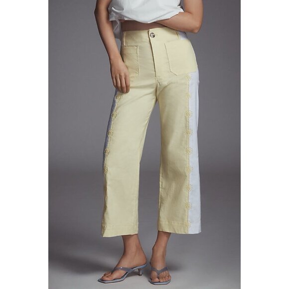 Anthropologie Colette Embroidered Crop Wide-Leg Pants Maeve Womens 28 Yellow NWT - Picture 1 of 11